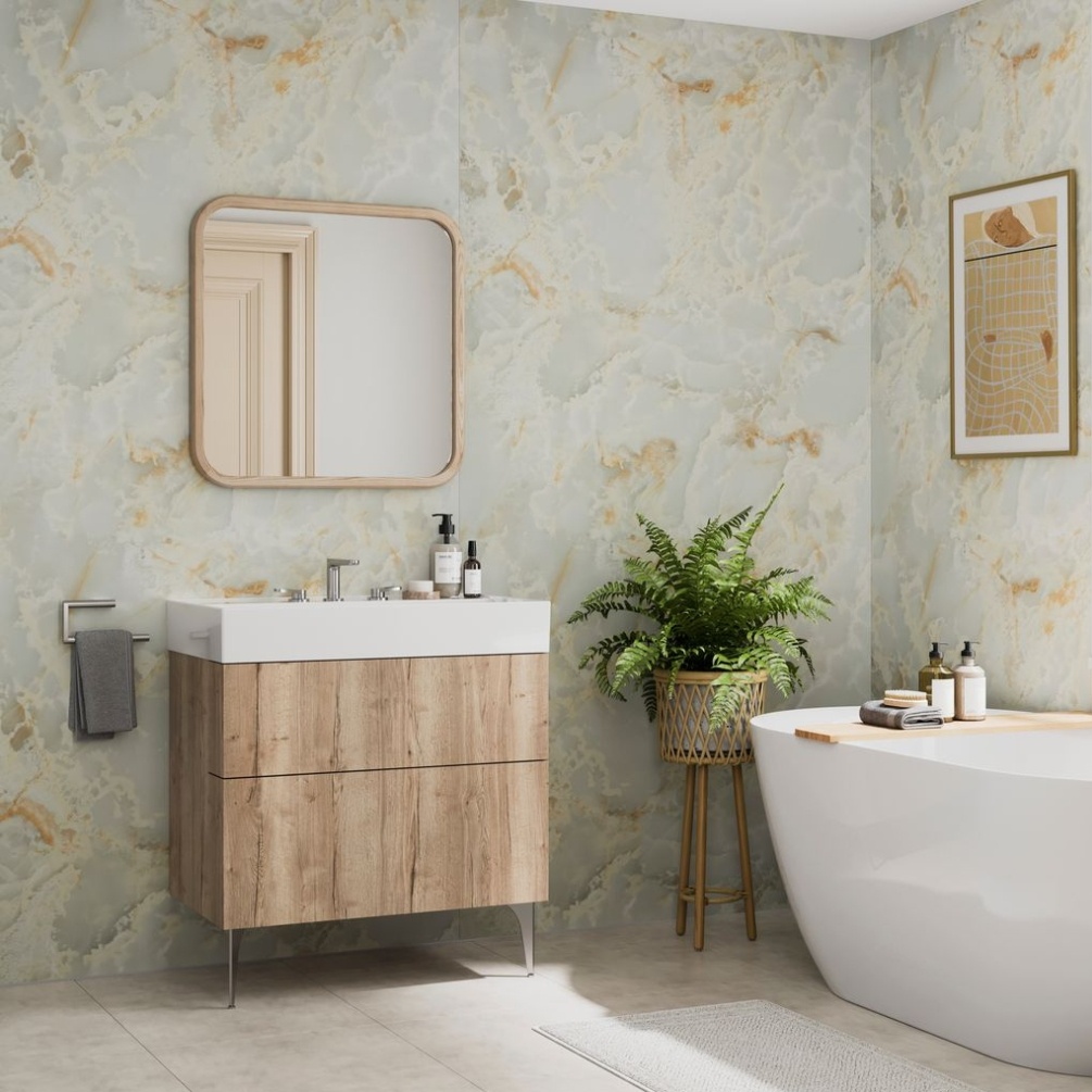 Lifestyle image of the Showerwall Laminate Onyx Pearl 2440mm x 579mm Proclick Hydrocore Wall Panel - SW98 installed across a bathroom, behind a bathtub and vanity unit with square mirror